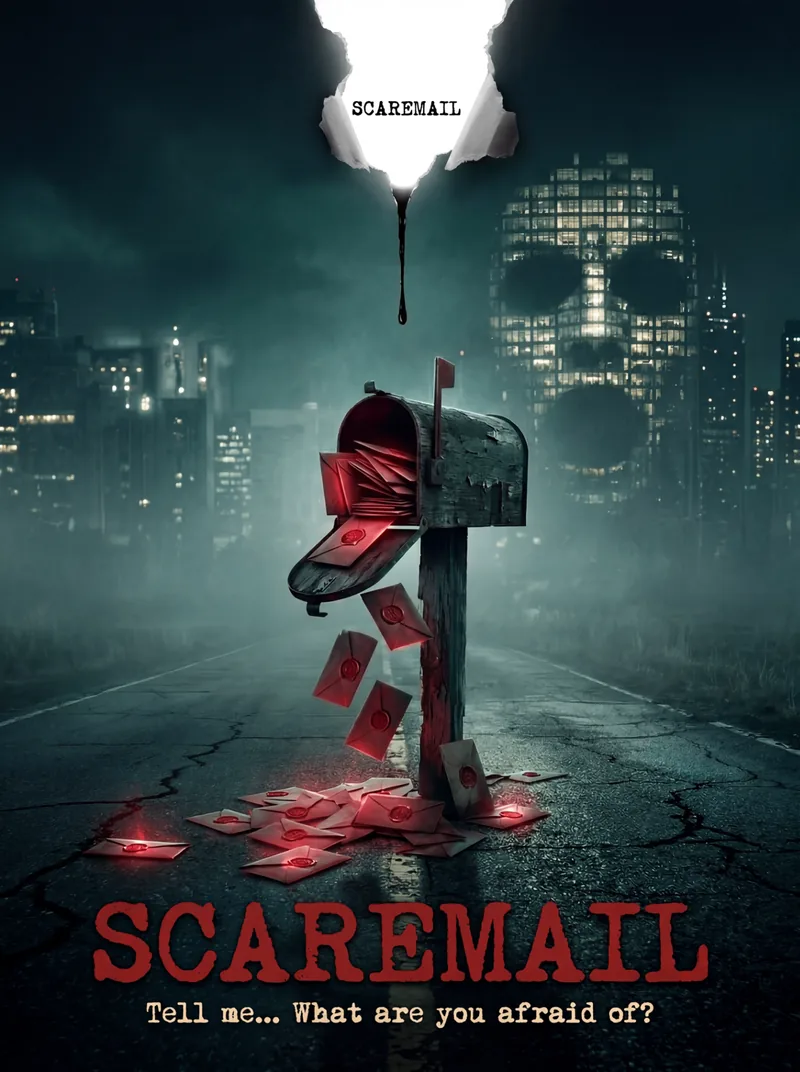 SCAREMAIL movie poster β a haunted mailbox spilling glowing red envelopes on a foggy city street