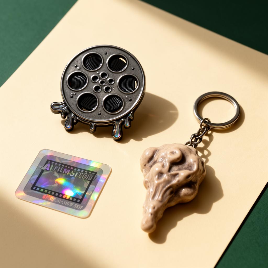 Melting film-reel enamel pin, holographic sticker, and a sculptural keychain