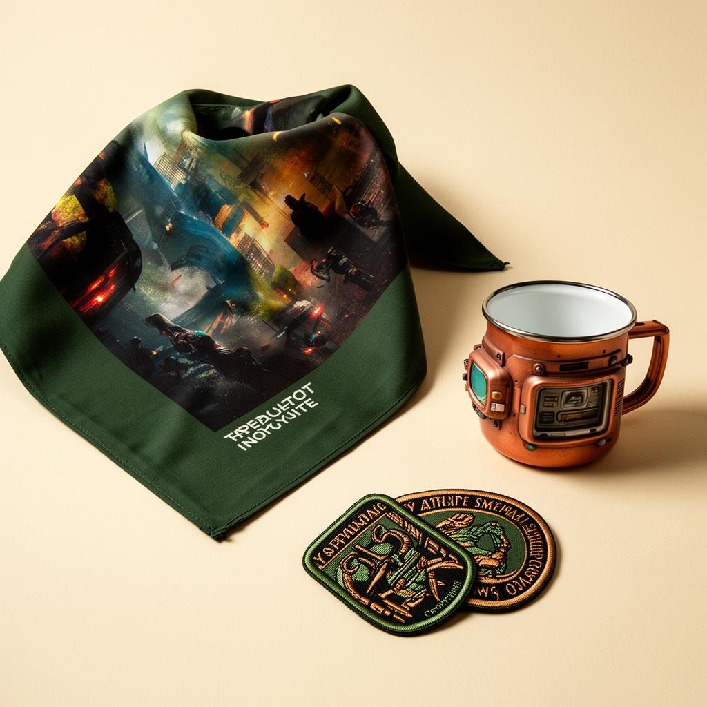 Screen-printed bandana, retro-futuristic mug, and embroidered patches